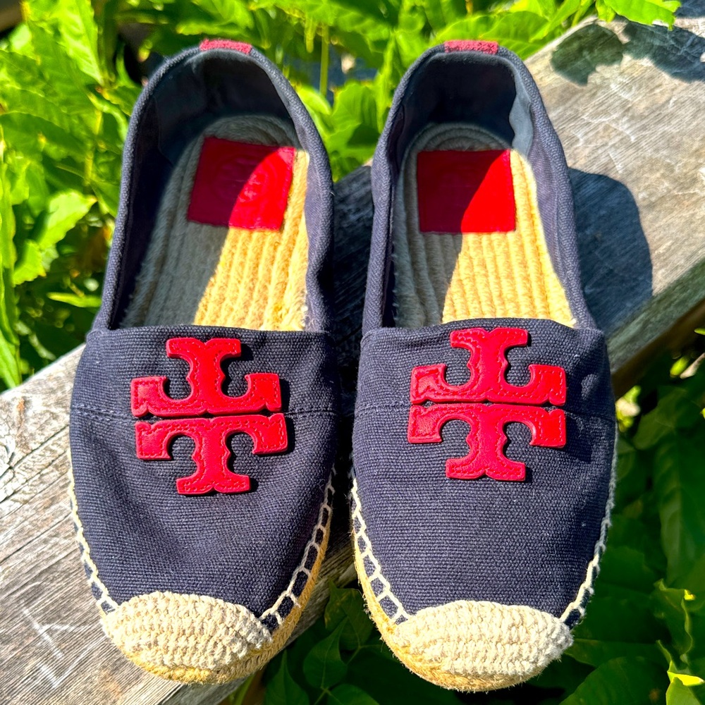 Tory Burch Weston Flat Espadrille Navy & Red Canvas Calf Logo Shoes